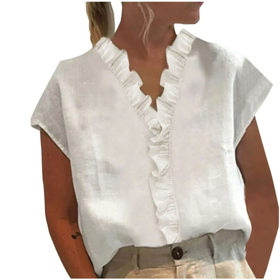 Fheaev Summer Tops For Women 2024 Womens Spring Summer Solid Color Casual V-Neck Top Cotton Lace Design Blouses