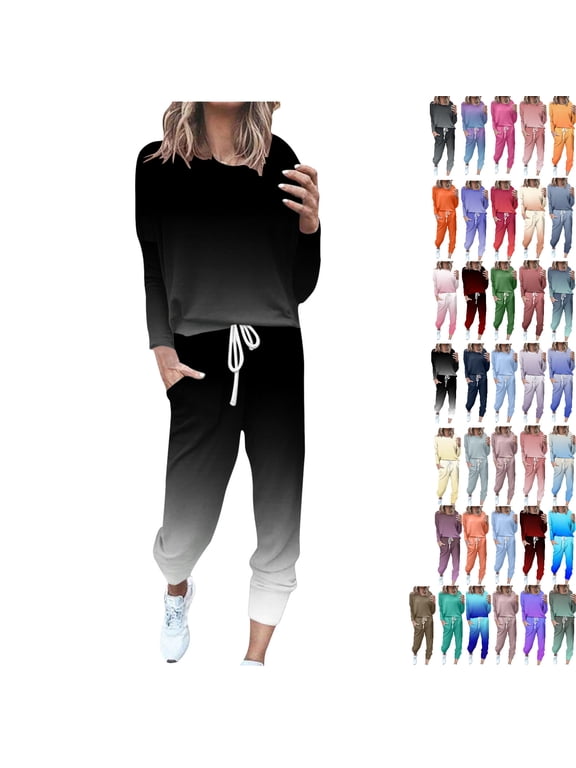 Sweatsuit Sets for Women 2pcs Sets Jogger Set Casual 2 Piece Outfit Solid Color Sweatshirts Pullover Tops Long Tracksuits with Pockets