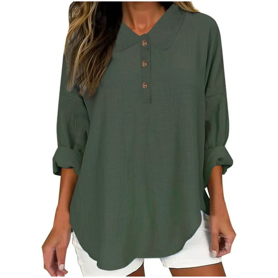 Fheaev Turndown Blouse Shirt For Women Womens Color Casual Loose Fashion T-Shirt Long Sleeves Button Tops Cotton And Linen Blouse