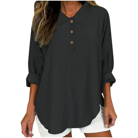 Fheaev Turndown Blouse Shirt For Women Womens Color Casual Loose Fashion T-Shirt Long Sleeves Button Tops Cotton And Linen Blouse