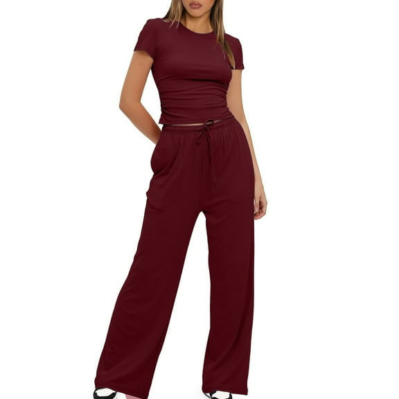 fheaev Two Piece Sets for Women Sweatsuit Sets Slim Sweatshirt Fashion Pullover Short Sleeve Top Sweatpants with Pockets 2 Piece Outfits Jogging Suits