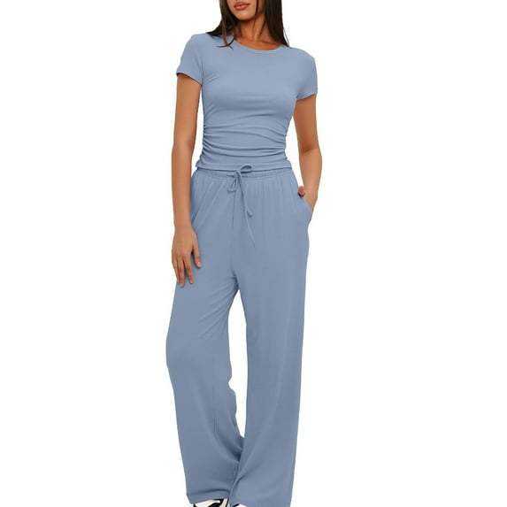 fheaev Two Piece Sets for Women Sweatsuit Sets Slim Sweatshirt Fashion Pullover Short Sleeve Top Sweatpants with Pockets 2 Piece Outfits Jogging Suits