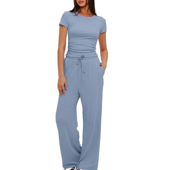 fheaev Summer 2 Piece Outfit for Women Ruched Short Sleeve Crewneck Tops Wide Leg Pants with Pockets Casual Tracksuit Sets