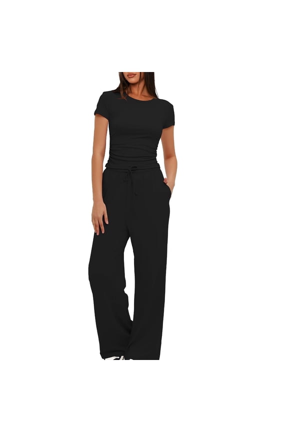 Summer 2 Piece Outfit for Women Ruched Short Sleeve Crewneck Tops Wide Leg Pants with Pockets Casual Tracksuit Sets
