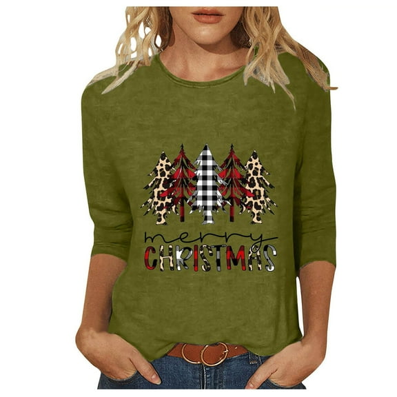 Fheaev Ugly Christmas Hoodie Sweatshirt For Women Graphic Christmas Tree Printed Winter Holiday Pullovers T-Shirt Blouse Top Crew-Neck 3/4 Sleeves Loose Casual Funny Christmas Sweaters