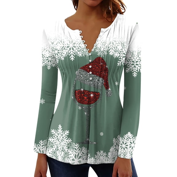 Fheaev Ugly Christmas Sweatshirt For Women Graphic Printed Button Down V-Neck Long Sleeved T-Shirt Top Fall Holiday Pullovers Loose Tunic Blouse Top Unny Christmas Sweaters