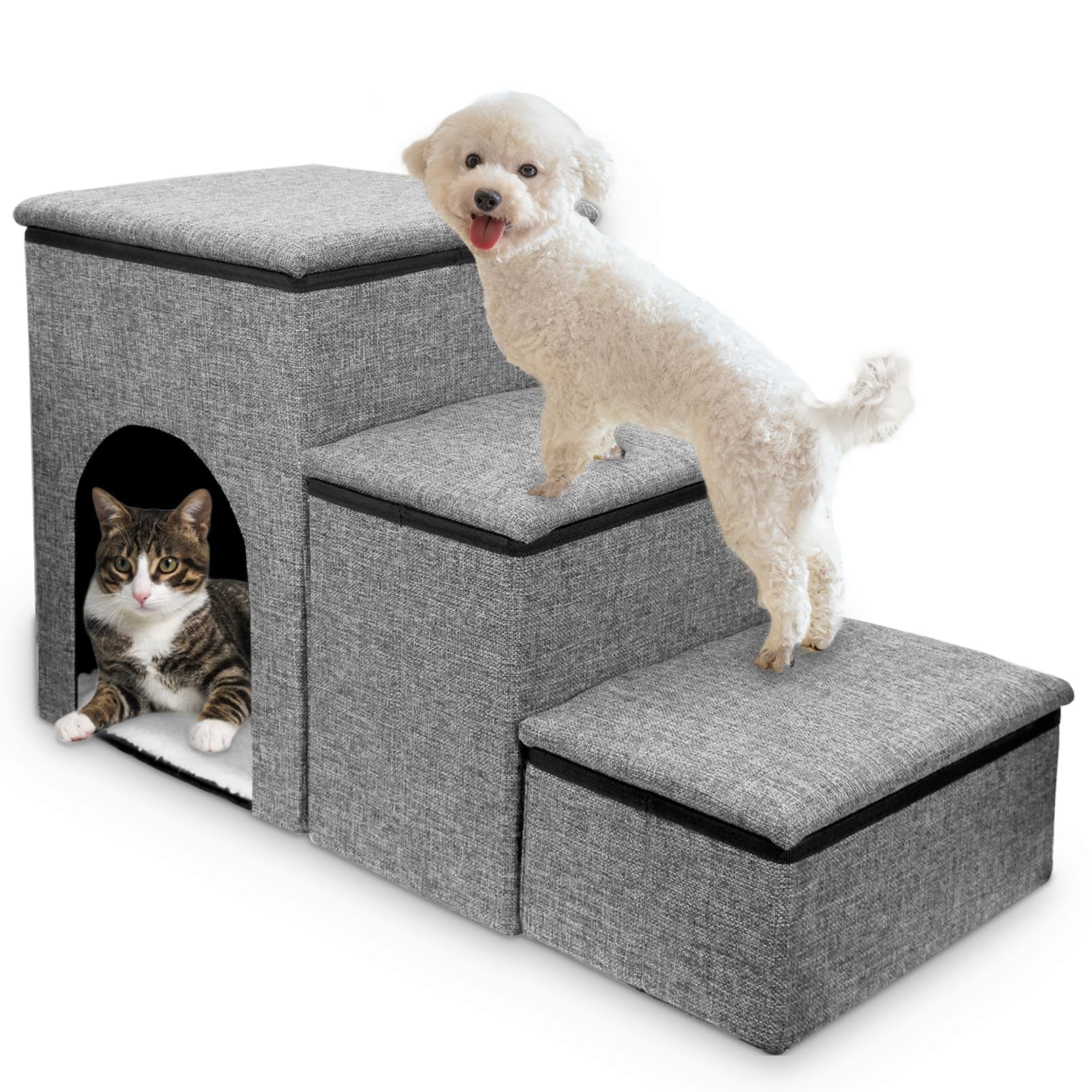 Picture of Fhiny Dog Stairs with Storage, 3-Steps Foldable Pet Stairs for Small ...