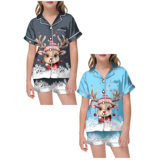 FhsagQ 2 Pack Girls Christmas Pajamas Size 12-24 Months Girls' Christmas Printed Pajamas Short Sleeved Button Top Shorts Home Pajamas Set Girls Christmas Pajamas Size 12-24 Months Size 150