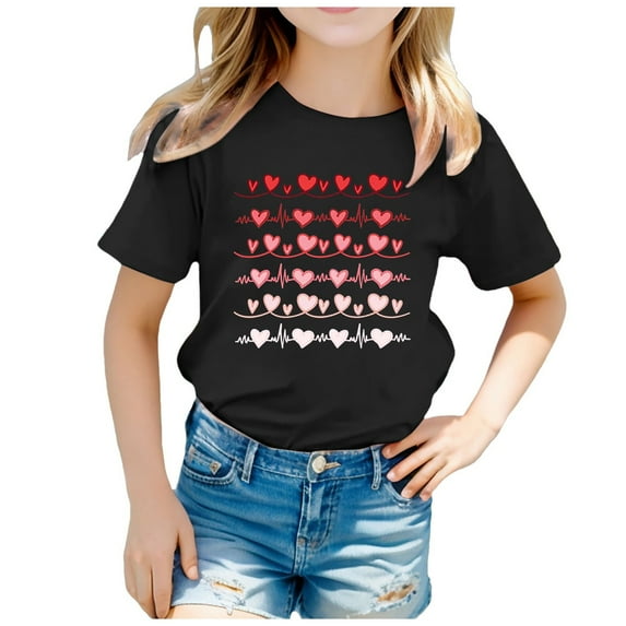FhsagQ Crop Tops for Girls 8-10 Children's Valentine's Day Fashion Printed Short Sleeved T Shirt Summer Tops for Girls 12-14 Girls Summer Tops Size 14-16 Black 8-9 Years