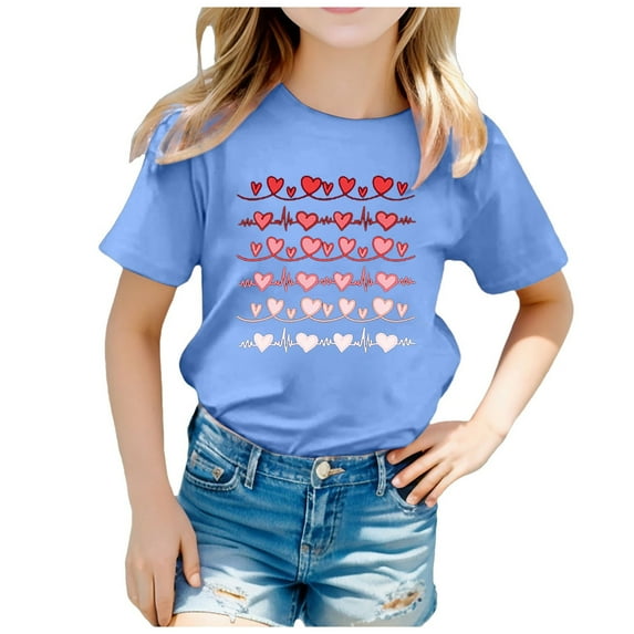 FhsagQ Cute Tops for Girls 12-14 Children's Valentine's Day Fashion Printed Short Sleeved T Shirt St. Patrick's Day Shirts for Girls 6-7 Valentine's Day Shirts for Girls 14-16 Light Blue 10-11 Years