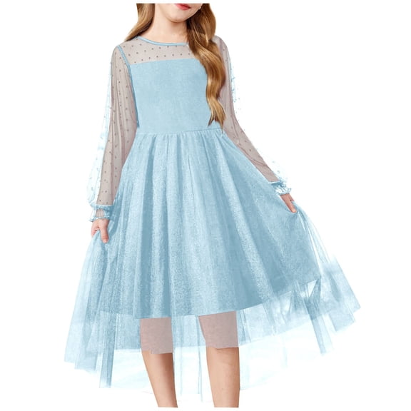 FhsagQ Dress Easter Dresses for Girls Size 6 Summer Spring Long Sleeved Girls' Dress Mesh Princess Dress Girls Easter Dresses 5T Fancy Girls Easter Dresses Size 8 Casual Sky Blue 3-4 Years