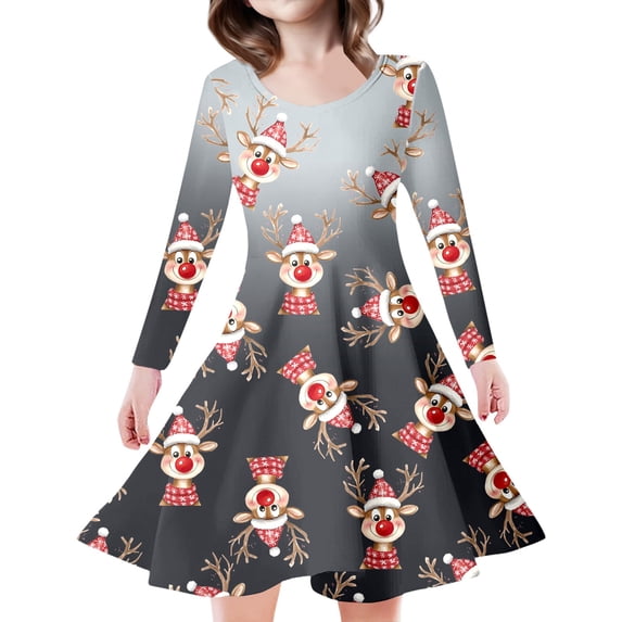 FhsagQ Dresses Girls Christmas Dresses Size 10 Kids Toddler Girls Christmas Trees Deer Print Christmas Long Sleeve Party Princess Dress Girls Christmas Dresses Size 7-8 Fancy Grey 10-13 Years