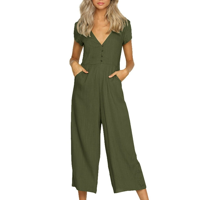 FhsagQ Female Jumpsuits for Women Casual Petite Women Cotton Linen Solid Color Short Sleeved V Neck Casual Jumpsuit Jumpsuits for Women Casual Dressy Jumpsuits for Women Casual Petite Plus Size S Walm...