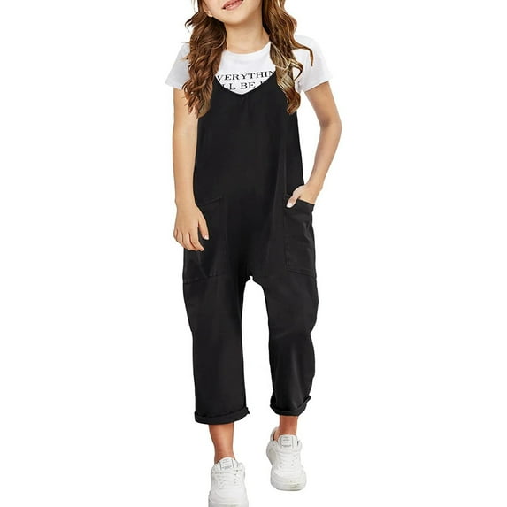 FhsagQ Girls' Jumpsuits & Rompers Cotton Long Girls Casual Sleeveless Jumpsuits Spaghetti Strap Loose Overalls Rompers Long Pants with Pocket 1 Piece Overalls Black 8-9 Years