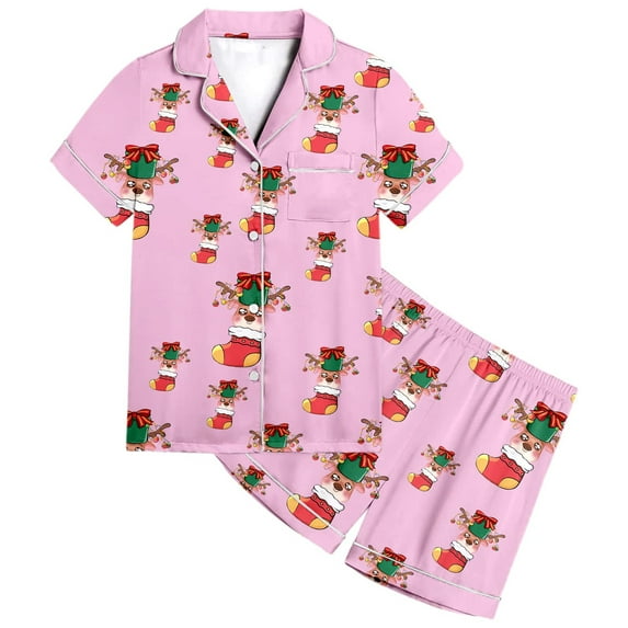 FhsagQ Girls Pajamas Size 12 Months Girls' Christmas Color Denim Short Sleeved Top Pajamas and Shorts Set Girls Pajamas Size 12-14 Girls Pajamas Size 12-14 Big Kids Cotton 12-13 Years