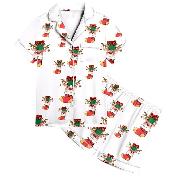 FhsagQ Girls Pajamas Size 14-16 Fall Girls' Christmas Color Denim Short Sleeved Top Pajamas and Shorts Set Girls Pajamas Size 12-14 Big Kids Girls Pajamas Size 14-16 Winter White 2-3 Years