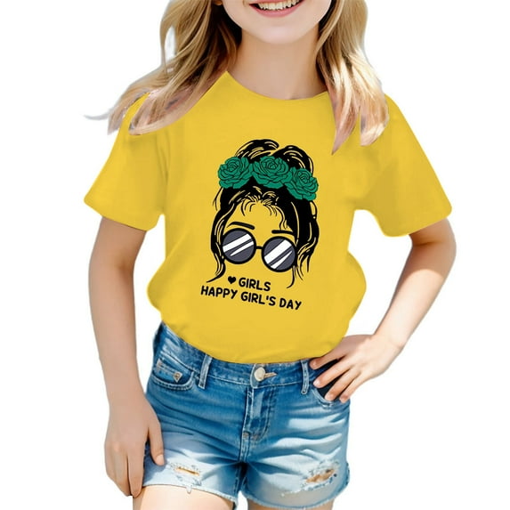 FhsagQ Girls T Shirts Size 7/8 Kid Girls Cute Graphic Printed Round Neck Short Sleeve Tee Summer Casual T Shirt Tops Girls Tops Size 10-12 Blue Girls Tops Size 12 Yellow 9-10 Years