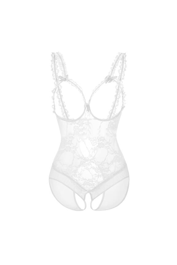 Lingerie for Women Crotchless Leather Women's Fun Underwear Lace Open Crotch Dew See Through Bodysuit Underwear Sleeping Dress Womens Lingerie Bodysuit with Garter White XXXXL