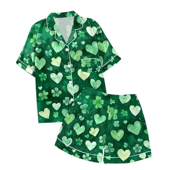 FhsagQ Pajamas Girls' Easter Print Short Sleeve Shorts Two Piece Pajama Set Girls Easter Pajamas Size 8 Girls St. Patrick's Day Pajamas Size 14-24 Pants Light Green 110