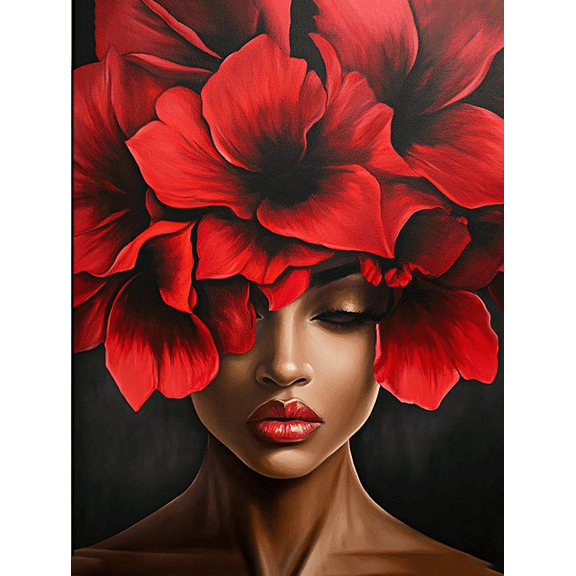 Red Flowers Woman Canvas Painting, Suitable for Living Room, Bedroom, Bathroom, Office, and Hallway Decoration.