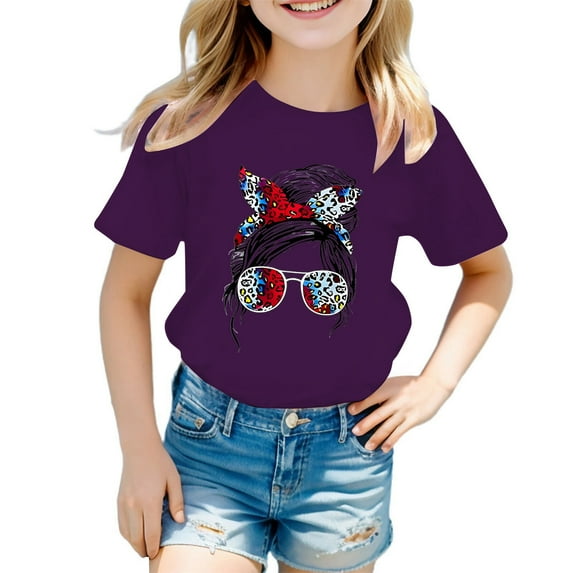 FhsagQ T Shirts for Girls 6-7 Kid Girls Cute Graphic Round Neck Short Sleeve Tee Summer Casual T Shirt Tops Girls Shirts Size 8 Set Girls T Shirts Size 14-16 Plus Cotton Purple 9-10 Years