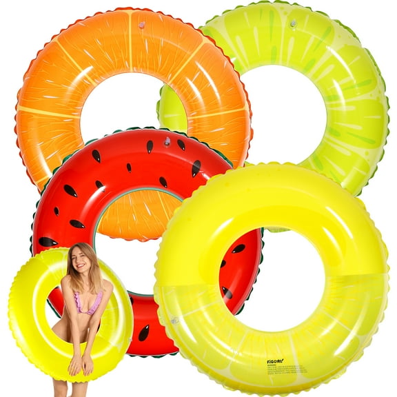 FiGoal 4 Pack Summer Swimming Float with Watermelon, Lime, Orange and Semi Circle Lemon Swimming Pool Ring Funny Pool Tube Toys for Summer Water Parties Outdoor Water Activities Surf Board