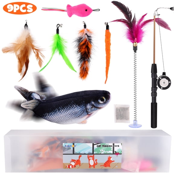 FiGoal Cat Toy with Moving Fish and Sea Pole Realistic Moving Fish Flopping Interactive Wiggle Moving Cat Kicker Fish Toy with Plush Interactive Cat Toys