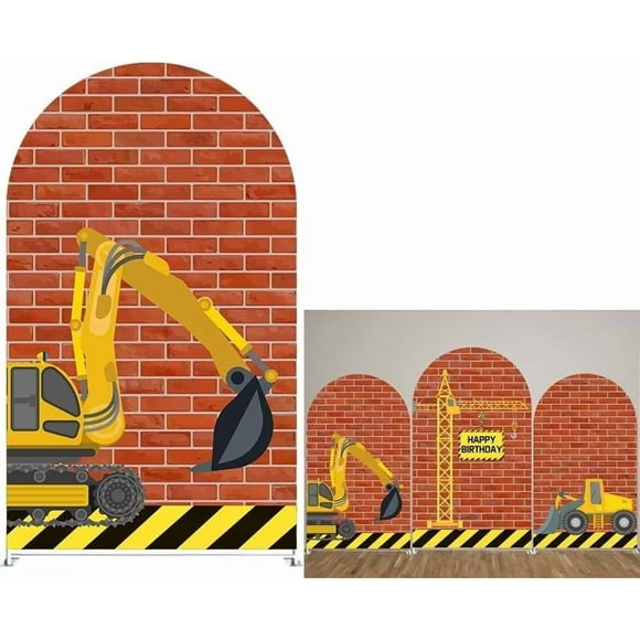 FiVan Arch Backdrop Cover Construction Excavator Red Brick Wall Theme Bilayer Round Top Background for Baby Birthday Party Decoration