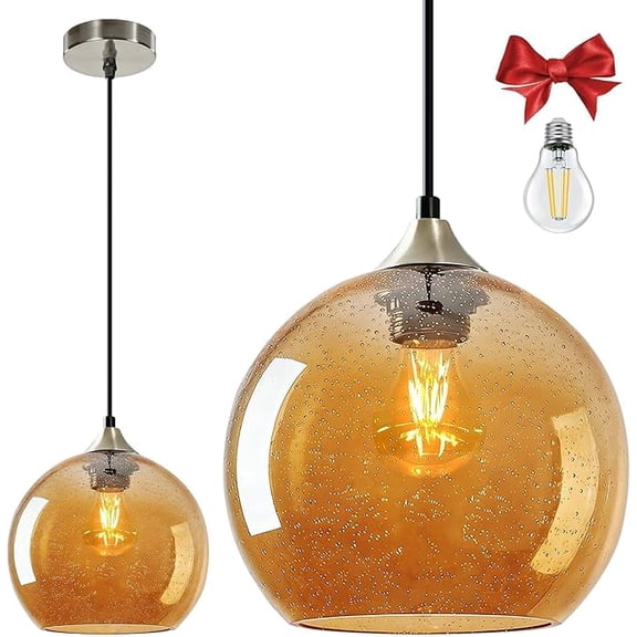 Fiabtool Large Amber Glass Pendant Light for Kitchen Island, Includes 1 Bulb & 4.92FT Adjustable Cord, Modern Pendant Lighting Fixtures for Kitchen, Dining Room, Living Room(9.1in)