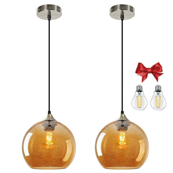 Fiabtool Large Amber Glass Pendant Light for Kitchen Island, Includes 2 Bulbs & 4.92FT Adjustable Cord, Modern Pendant Lighting Fixtures for Kitchen, Dining Room, Living Room(9.1in)