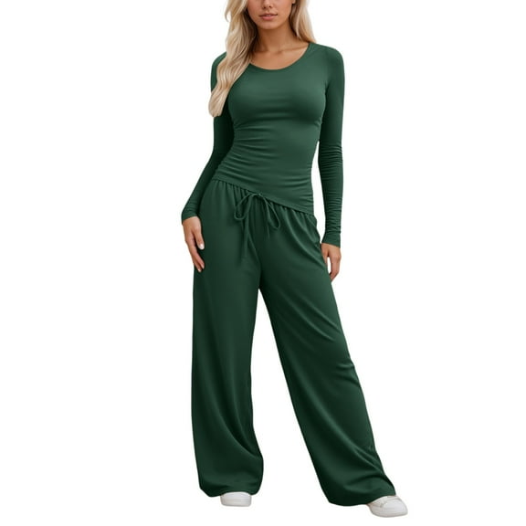Fiaer,2 Piece Sets for Irregular Hem Tshirts and Palazzo Pants,Womens Casual Trendy Lounge Wear Sets,Ladies Solid Color Lightweight Outfits Set Green1 S