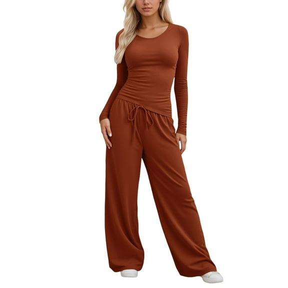 Fiaer,2 Piece Sets for Irregular Hem Tshirts and Palazzo Pants,Womens Casual Trendy Lounge Wear Sets,Ladies Solid Color Lightweight Outfits Set Red1 S