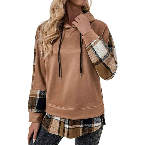 Fiaer 2-in-1 Hoodies for Women Plaid Long Sleeve Hooded Sweatshirts Drawstring Loose Fit Fashion Side Split Tops Coffee L