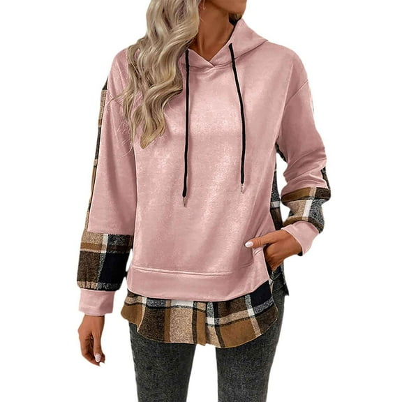 Fiaer 2-in-1 Hoodies for Women Plaid Long Sleeve Hooded Sweatshirts Drawstring Loose Fit Fashion Side Split Tops Pink L