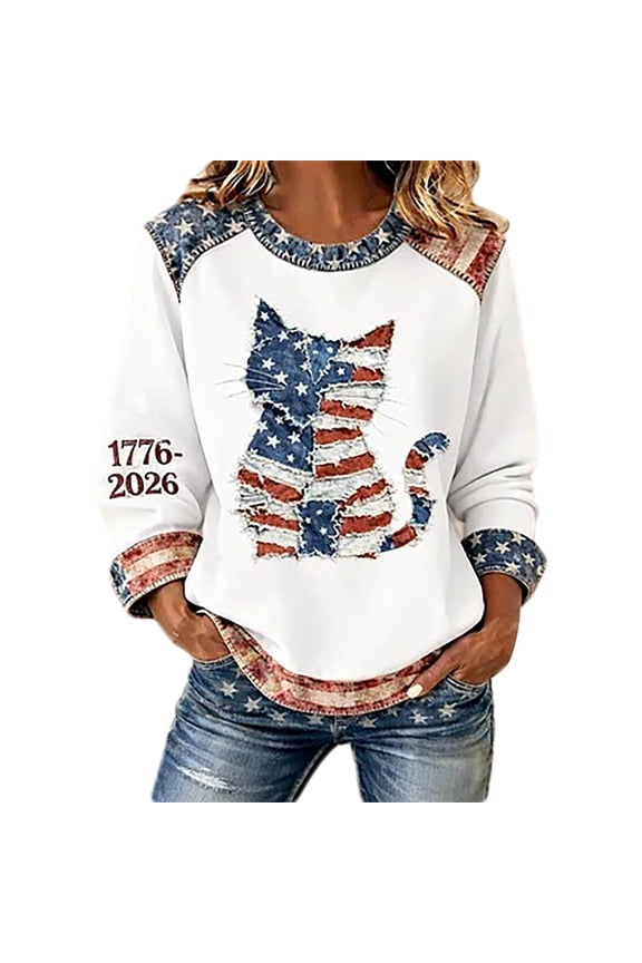 250th Anniversaries USA Plus Size Sweatshirt for Women America 250years T Shirts Long Sleeve Patriotic USA Flag Tops 1776-2026 Tops 04-White XXXL