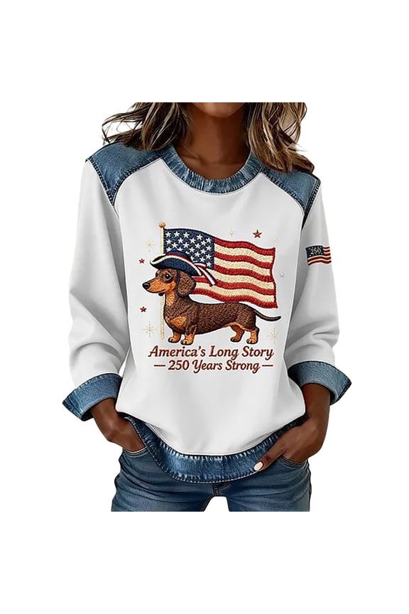 250th Anniversaries USA Plus Size Sweatshirt for Women America 250years T Shirts Long Sleeve Patriotic USA Flag Tops 1776-2026 Tops 05-White M