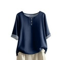 thumbnail image 1 of Fiaer,3/4 Sleeve Loose Fit Buttons T Shirts for Women,Womens Going out Crew Neck Plus Size Tops,Women's Casual Trendy Solid Color Tshirts Navy XXL, 1 of 3