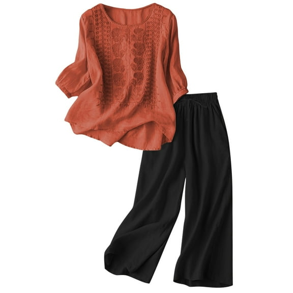 Fiaer,3/4 Sleeve Oversized Lounge Wear Sets for Women,Women's Linen Loose Fit Casual Outfits Set,2 Piece Set for Wide Leg Pants and Embroidered T Shirts Orange M