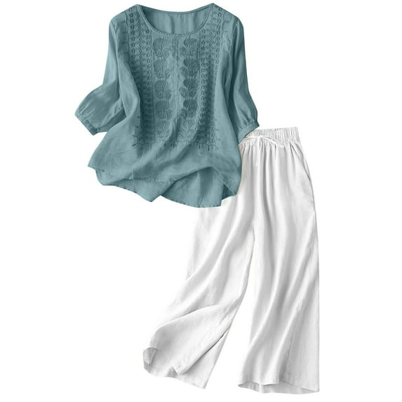 Fiaer,3/4 Sleeve Oversized Lounge Wear Sets for Women,Women's Linen Loose Fit Casual Outfits Set,2 Piece Set for Wide Leg Pants and Embroidered T Shirts White3 XL