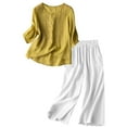 thumbnail image 1 of Fiaer,3/4 Sleeve Oversized Lounge Wear Sets for Women,Women's Linen Loose Fit Casual Outfits Set,2 Piece Set for Wide Leg Pants and Embroidered T Shirts Yellow1 XL, 1 of 2