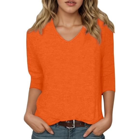 Fiaer,3/4 Sleeves Loose Fit T Shirts for Women,Womens V Neck Plus Size Tshirts,Ladies Solid Color Casual Basic Tops Orange XXL