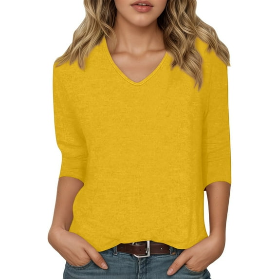 Fiaer,3/4 Sleeves Loose Fit T Shirts for Women,Womens V Neck Plus Size Tshirts,Ladies Solid Color Casual Basic Tops Yellow XL