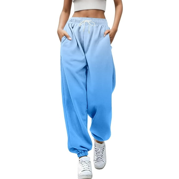 Fiaer Baggy Sweatpants Women Plus Size Trendy Sport Pants Gradient Elastic Waisted Drawstring Pocket Casual Trousers Blue M
