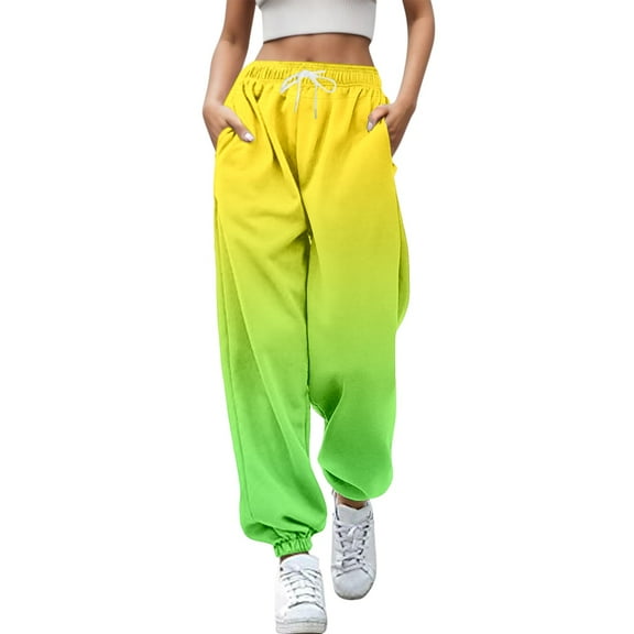 Fiaer Baggy Sweatpants Women Plus Size Trendy Sport Pants Gradient Elastic Waisted Drawstring Pocket Casual Trousers Green M