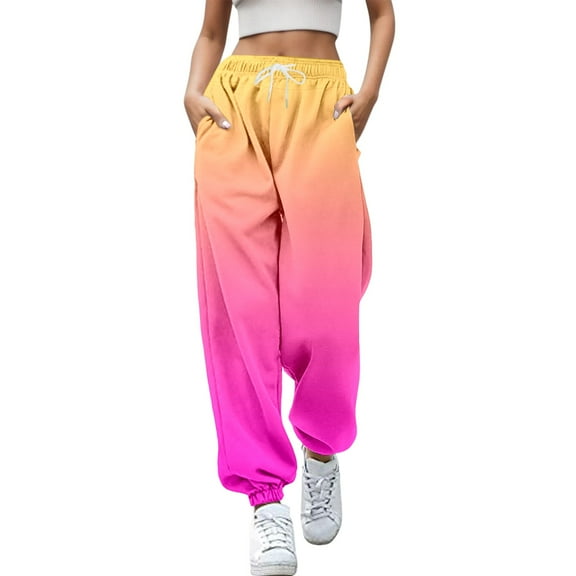 Fiaer Baggy Sweatpants Women Plus Size Trendy Sport Pants Gradient Elastic Waisted Drawstring Pocket Casual Trousers White XXL
