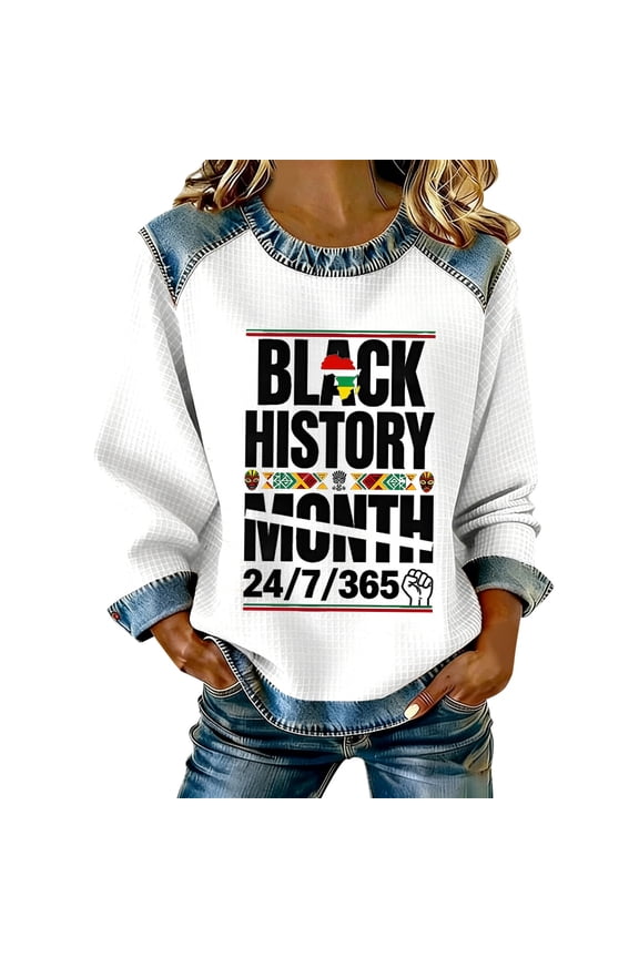 Black Month Plus Size Sweatshirt for Women Long Sleeve Afro Tops Waffle Funny Graphic Patchwork T Shirts 01-White XXL