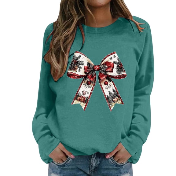 Fiaer Bow Women Sweatshirts Christmas Baggy Tops Holiday Crew Neck Trendy Long Sleeve Cozy Leisure Pullover Green XXL