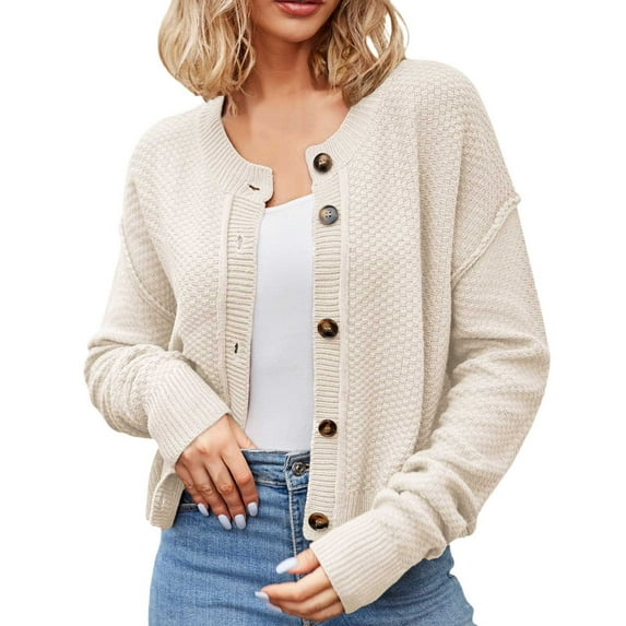 Fiaer Button Down Cropped Cardigan Sweaters For Women Crew Neck Long Sleeve Loose Fit Trendy Solid Color Knit Tops Beige L