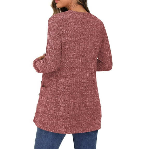 Fiaer Button Down Long Cardigan Sweaters For Women Solid Color V-Neck Long Sleeve Casual Loose Pockets Tops Red M