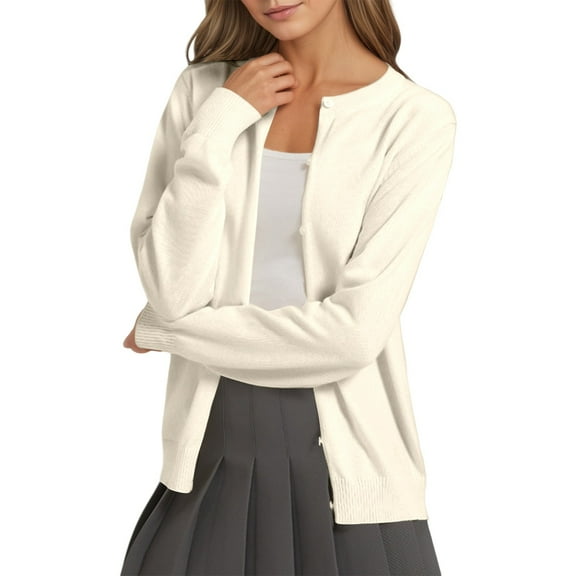 Fiaer.Button down Long Sleeve Cardigan for Women.Womens Crew Neck Loose Fit Casual Trendy Going out Solid Color Lightweight Knitted Tops Beige S